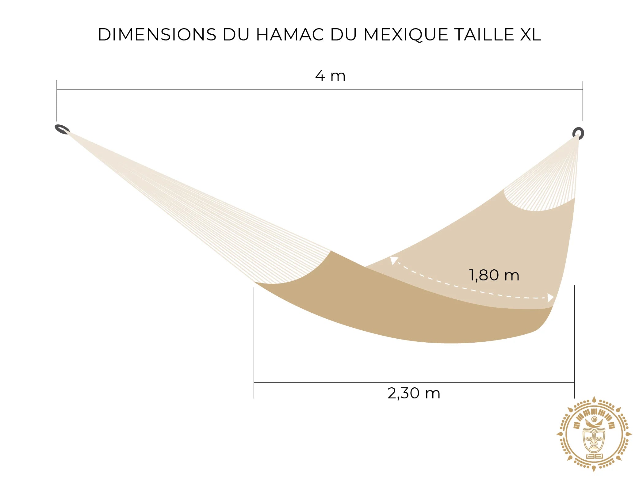 Dessin d'un hamac du Mexique fait main XL avec mesures détaillées